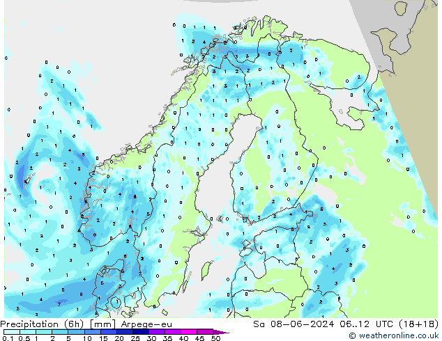Précipitation (6h) Arpege-eu sam 08.06.2024 12 UTC