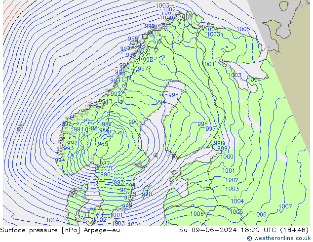 Surface pressure Arpege-eu Su 09.06.2024 18 UTC