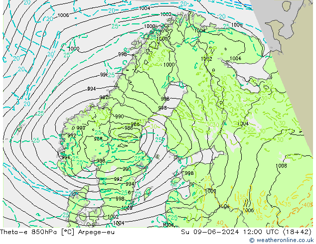 Theta-e 850hPa Arpege-eu dom 09.06.2024 12 UTC