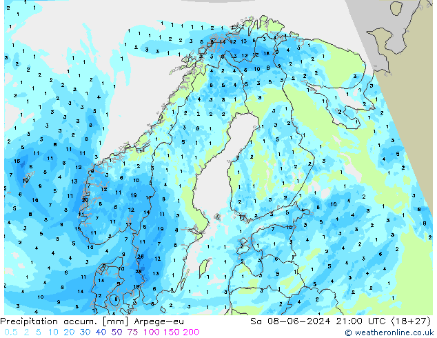 Precipitation accum. Arpege-eu so. 08.06.2024 21 UTC