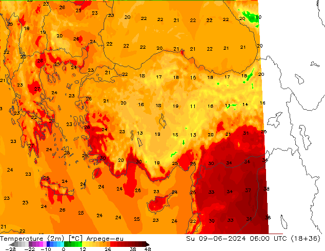 Temperature (2m) Arpege-eu Su 09.06.2024 06 UTC