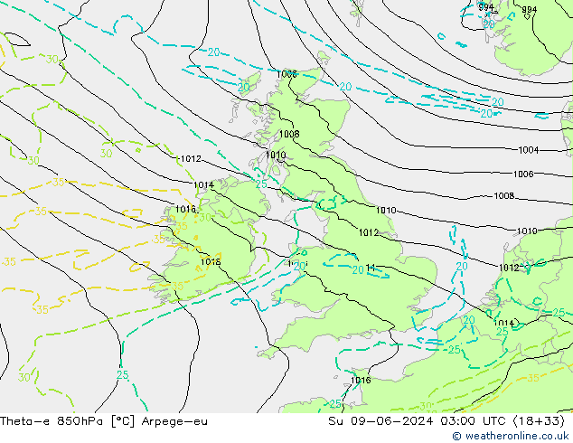 Theta-e 850hPa Arpege-eu dom 09.06.2024 03 UTC