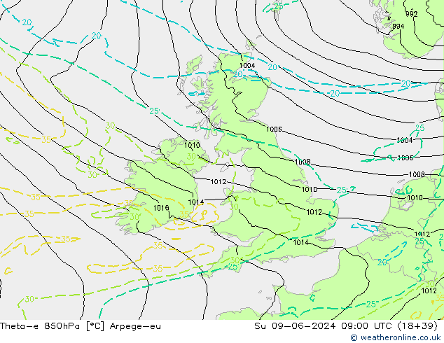 Theta-e 850hPa Arpege-eu dim 09.06.2024 09 UTC