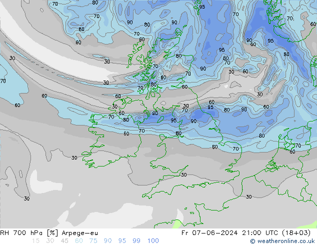 Humidité rel. 700 hPa Arpege-eu ven 07.06.2024 21 UTC