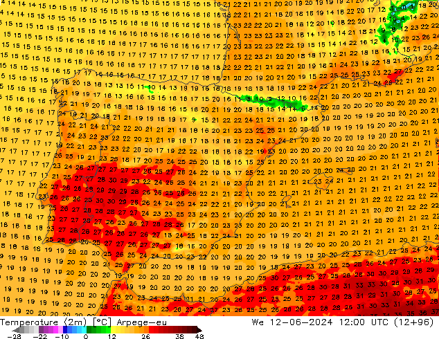 Sıcaklık Haritası (2m) Arpege-eu Çar 12.06.2024 12 UTC