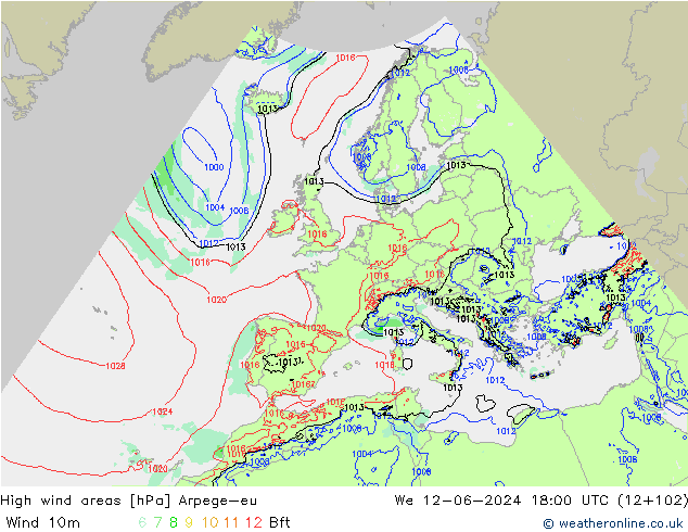 High wind areas Arpege-eu mer 12.06.2024 18 UTC