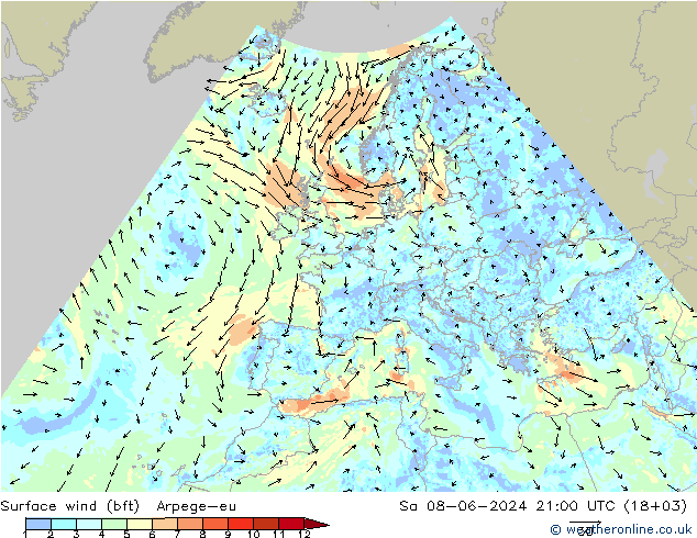 wiatr 10 m (bft) Arpege-eu so. 08.06.2024 21 UTC