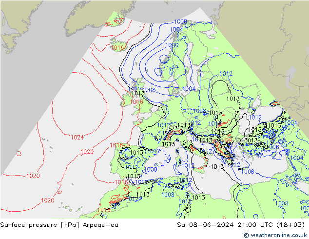 Pressione al suolo Arpege-eu sab 08.06.2024 21 UTC