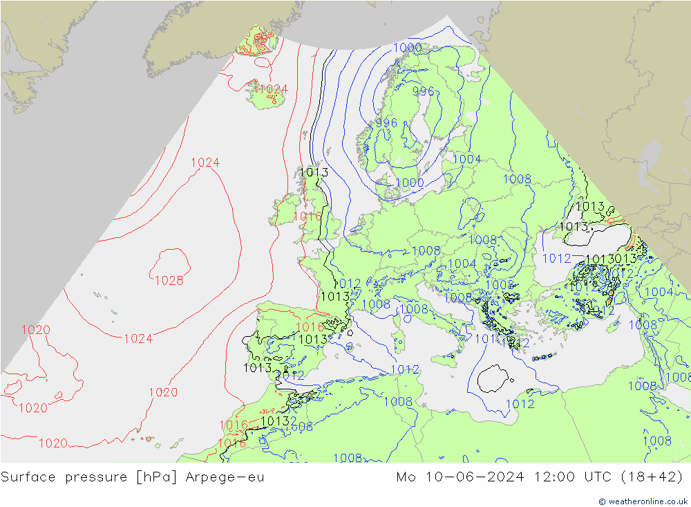 Surface pressure Arpege-eu Mo 10.06.2024 12 UTC