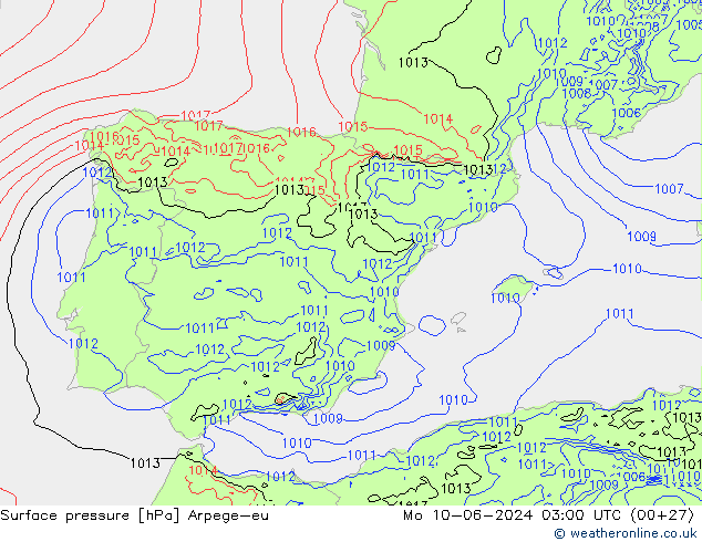 Surface pressure Arpege-eu Mo 10.06.2024 03 UTC