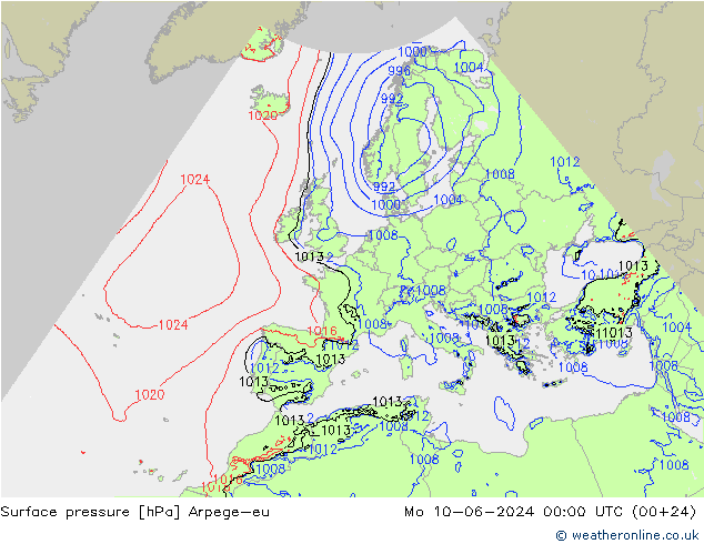 Surface pressure Arpege-eu Mo 10.06.2024 00 UTC