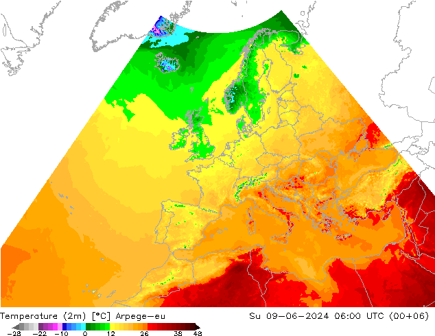 Temperature (2m) Arpege-eu Su 09.06.2024 06 UTC