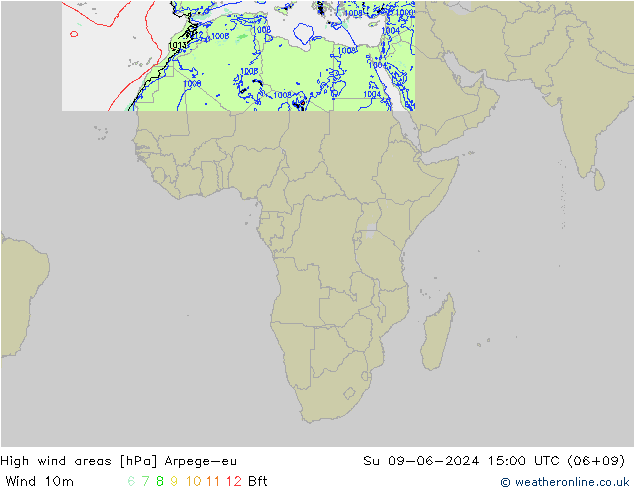 High wind areas Arpege-eu Ne 09.06.2024 15 UTC