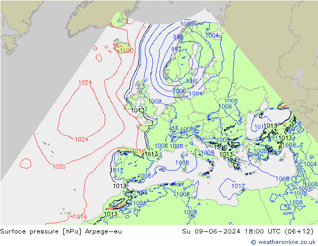 Atmosférický tlak Arpege-eu Ne 09.06.2024 18 UTC