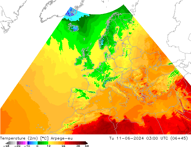 Temperaturkarte (2m) Arpege-eu Di 11.06.2024 03 UTC