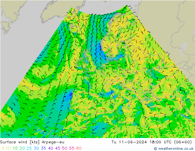 Surface wind Arpege-eu Út 11.06.2024 18 UTC