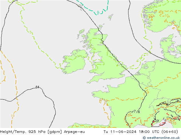Hoogte/Temp. 925 hPa Arpege-eu di 11.06.2024 18 UTC