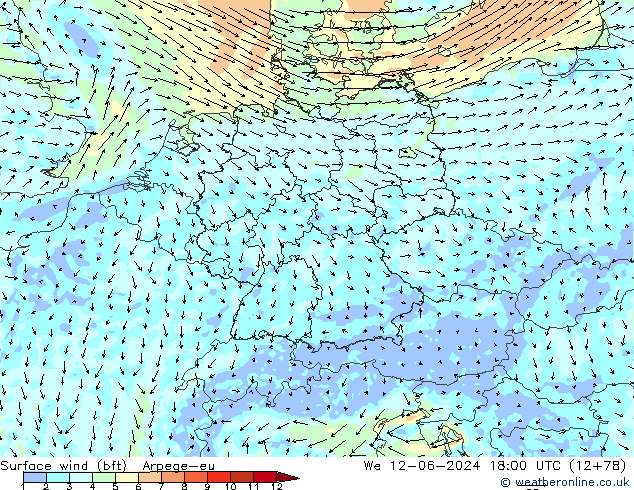 Wind 10 m (bft) Arpege-eu wo 12.06.2024 18 UTC