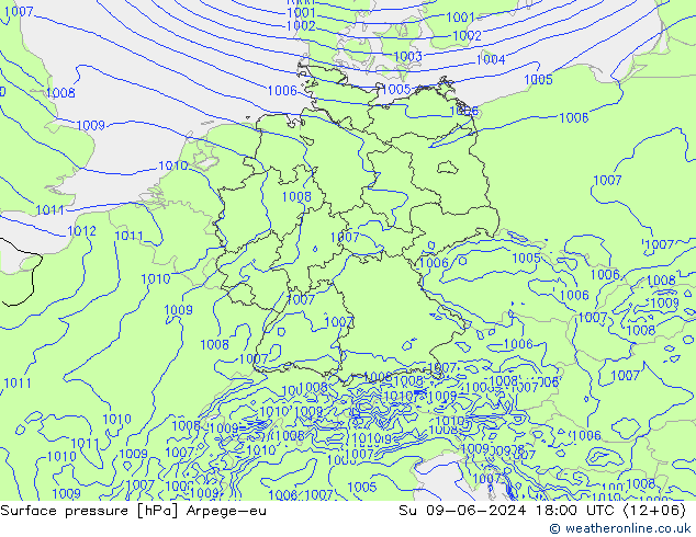 地面气压 Arpege-eu 星期日 09.06.2024 18 UTC