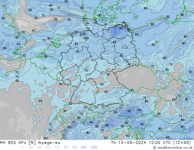 Humidité rel. 850 hPa Arpege-eu jeu 13.06.2024 12 UTC