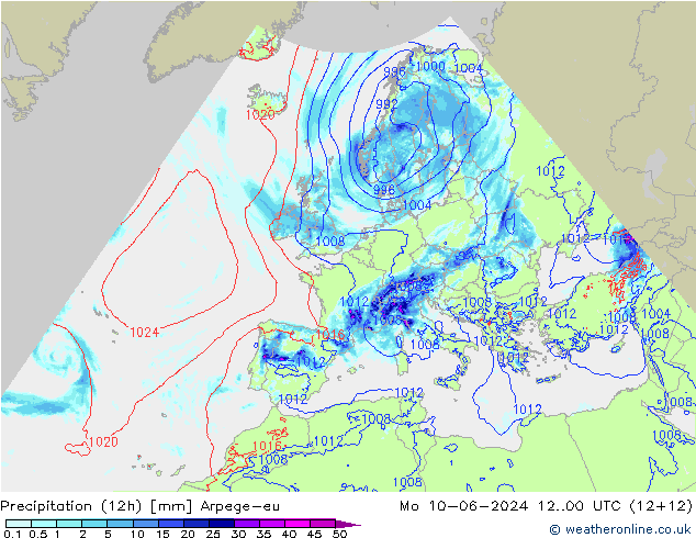 Totale neerslag (12h) Arpege-eu ma 10.06.2024 00 UTC
