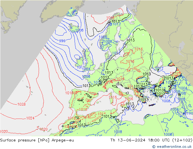 приземное давление Arpege-eu чт 13.06.2024 18 UTC
