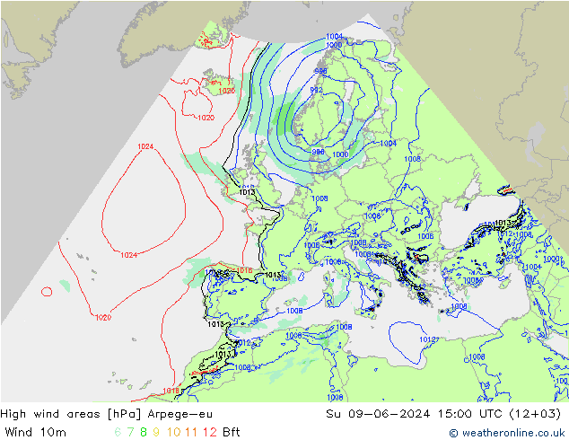 High wind areas Arpege-eu dom 09.06.2024 15 UTC
