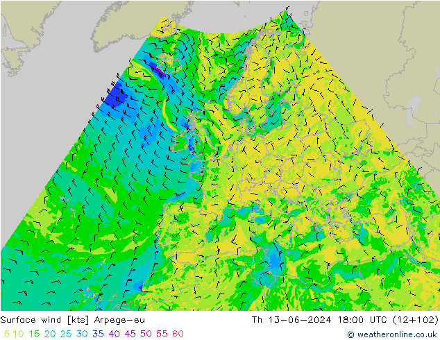 Surface wind Arpege-eu Th 13.06.2024 18 UTC