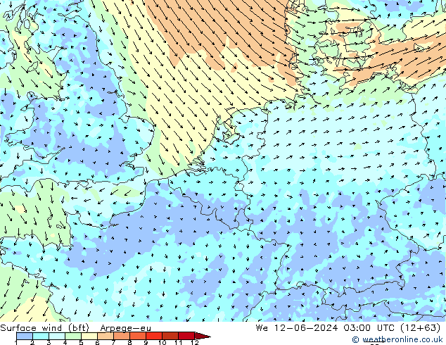 Rüzgar 10 m (bft) Arpege-eu Çar 12.06.2024 03 UTC