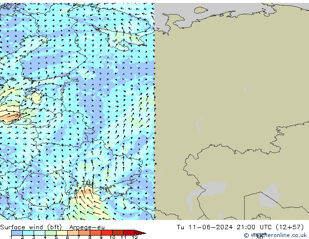 Rüzgar 10 m (bft) Arpege-eu Sa 11.06.2024 21 UTC