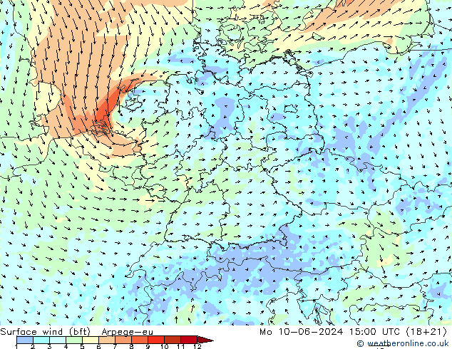 Bodenwind (bft) Arpege-eu Mo 10.06.2024 15 UTC