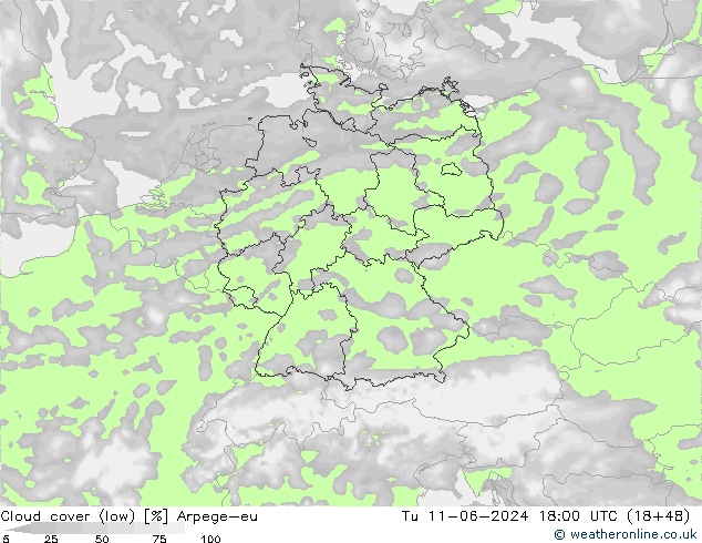 Cloud cover (low) Arpege-eu Tu 11.06.2024 18 UTC