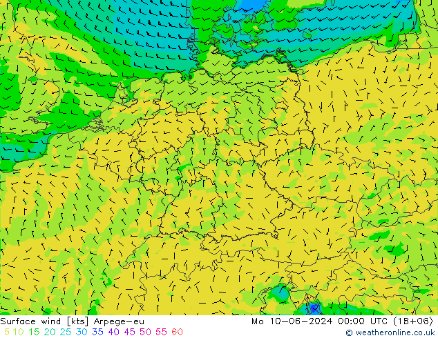 Surface wind Arpege-eu Mo 10.06.2024 00 UTC