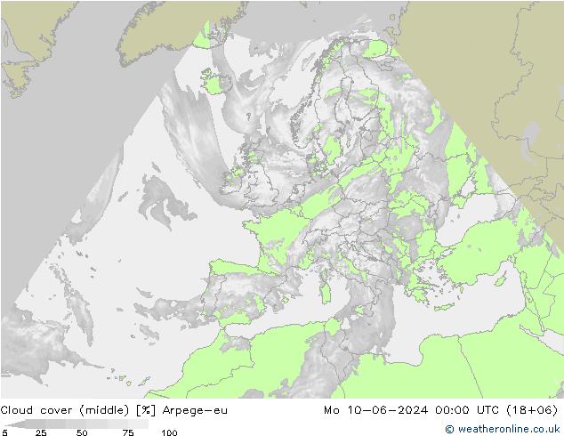 Cloud cover (middle) Arpege-eu Mo 10.06.2024 00 UTC