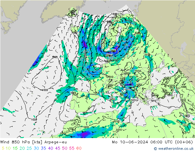 Wind 850 hPa Arpege-eu Mo 10.06.2024 06 UTC