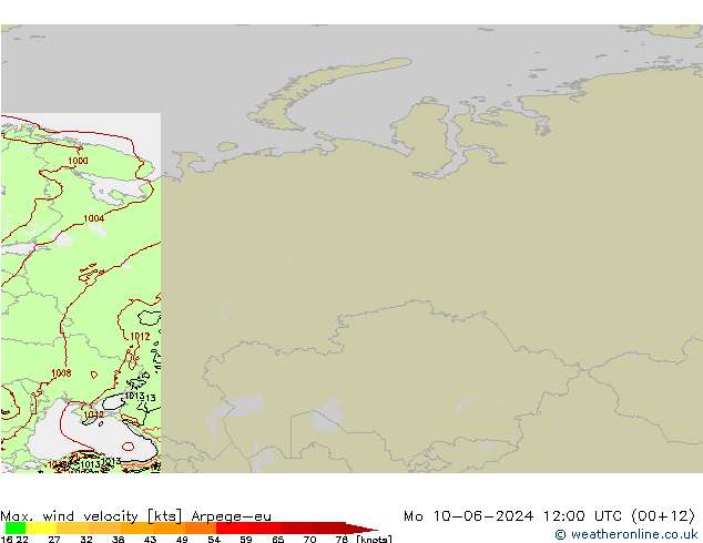 Max. wind velocity Arpege-eu pon. 10.06.2024 12 UTC