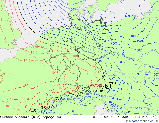 Surface pressure Arpege-eu Tu 11.06.2024 06 UTC