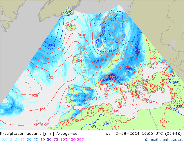 Totale neerslag Arpege-eu wo 12.06.2024 06 UTC