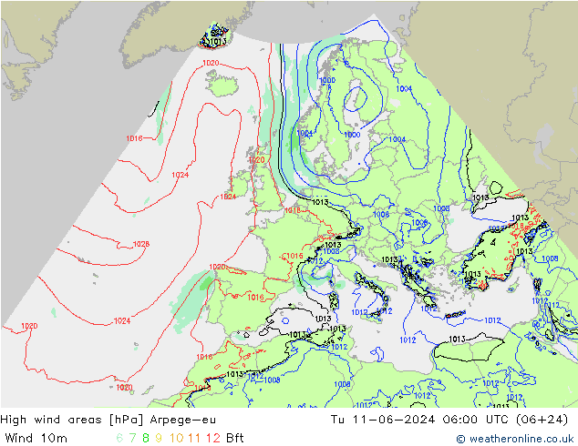 High wind areas Arpege-eu Tu 11.06.2024 06 UTC