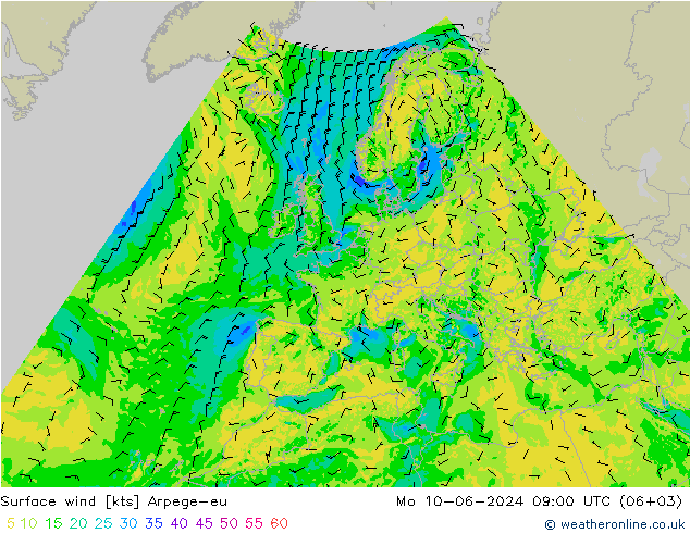 Surface wind Arpege-eu Mo 10.06.2024 09 UTC