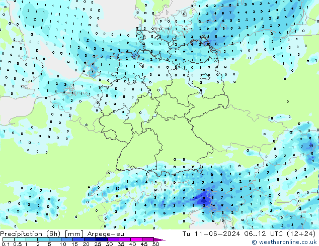 Precipitación (6h) Arpege-eu mar 11.06.2024 12 UTC