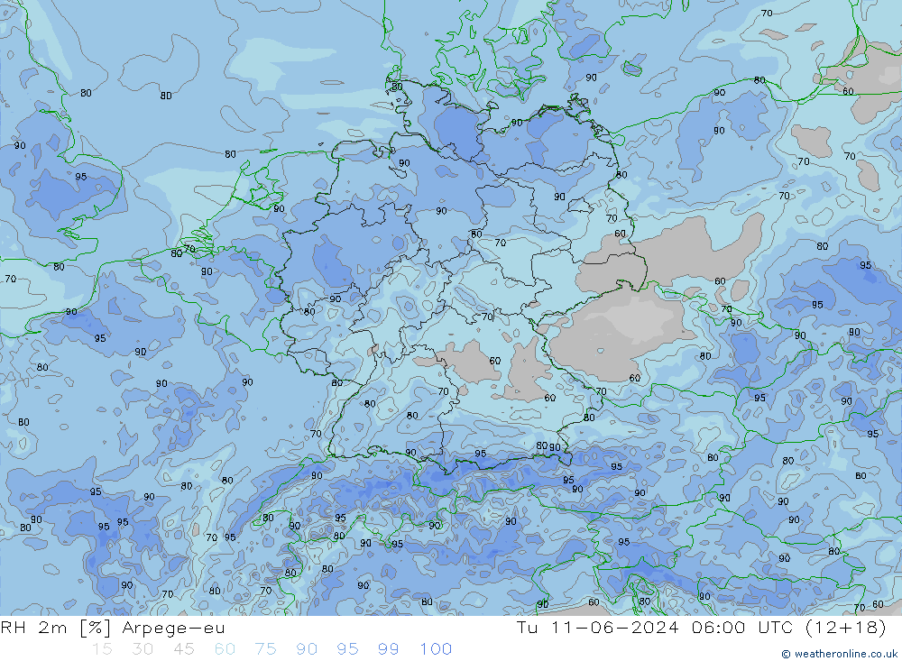 RH 2m Arpege-eu Tu 11.06.2024 06 UTC
