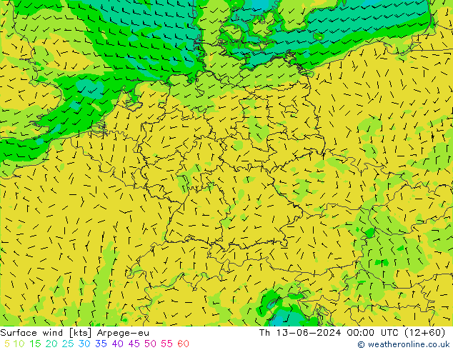Surface wind Arpege-eu Th 13.06.2024 00 UTC