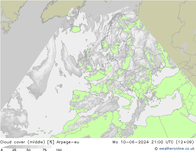 Cloud cover (middle) Arpege-eu Mo 10.06.2024 21 UTC