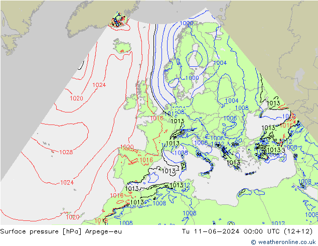 Surface pressure Arpege-eu Tu 11.06.2024 00 UTC