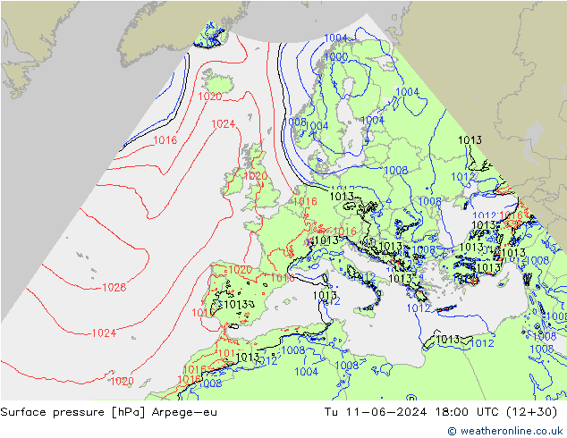 地面气压 Arpege-eu 星期二 11.06.2024 18 UTC