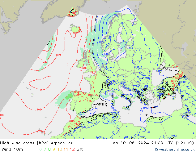 High wind areas Arpege-eu Mo 10.06.2024 21 UTC