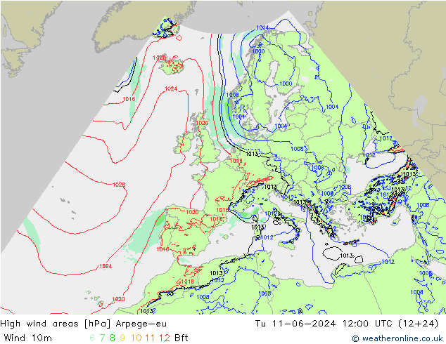 High wind areas Arpege-eu вт 11.06.2024 12 UTC