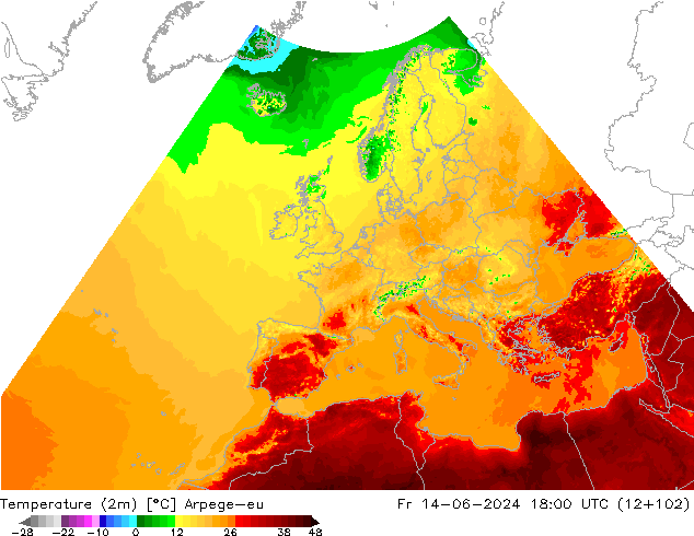 température (2m) Arpege-eu ven 14.06.2024 18 UTC