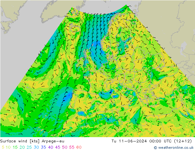 Surface wind Arpege-eu Út 11.06.2024 00 UTC